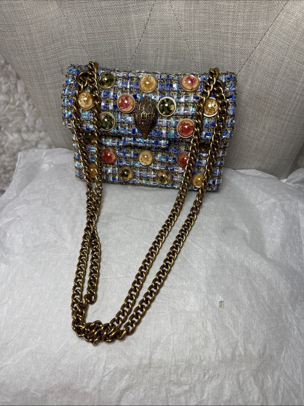 Kurt Geiger Chain-Handle Tweed Shoulder Bag with Embellished Buttons